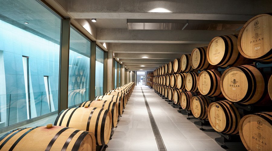 The barrel room inside the new Delas Freres winery