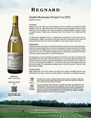 Sell Sheet for {materiallist:brand_name} Chablis Montmains Premier Cru 2022