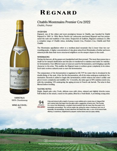 Sell Sheet for {materiallist:brand_name} Chablis Montmains Premier Cru 2022