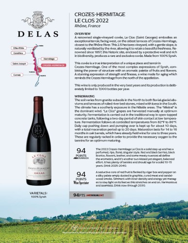 Sell Sheet for {materiallist:brand_name} Crozes-Hermitage Le Clos 2022