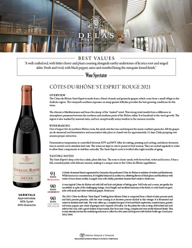 Sell Sheet for {materiallist:brand_name} Côtes-du-Rhône St. Esprit Rouge 2021
