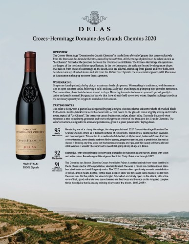 Sell Sheet for {materiallist:brand_name} Crozes Hermitage Domaine des Grands Chemins 2020