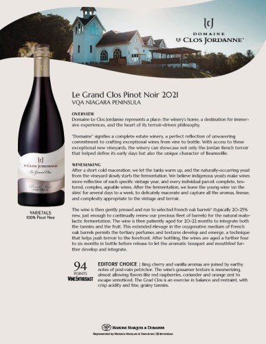 Sell Sheet for {materiallist:brand_name} Le Grand Clos Pinot Noir 2021