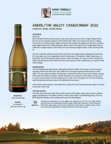 Sell Sheet for {materiallist:brand_name} Anderson Valley Chardonnay 2022