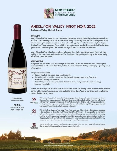 Sell Sheet for {materiallist:brand_name} Anderson Valley Pinot Noir 2022