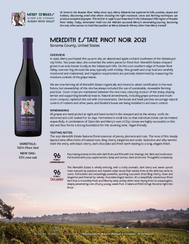 Sell Sheet for {materiallist:brand_name} Meredith Estate Pinot Noir 2021