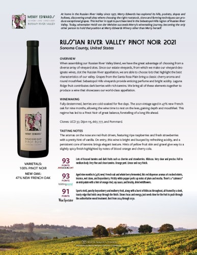 Sell Sheet for {materiallist:brand_name} Russian River Valley Pinot Noir 2021