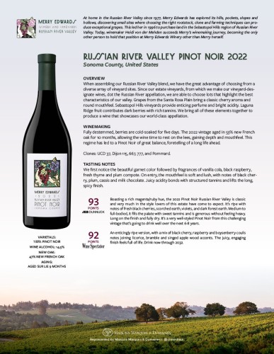 Sell Sheet for {materiallist:brand_name} Russian River Valley Pinot Noir 2022