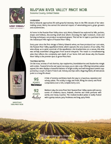 Sell Sheet for {materiallist:brand_name} Russian River Valley Pinot Noir 2019