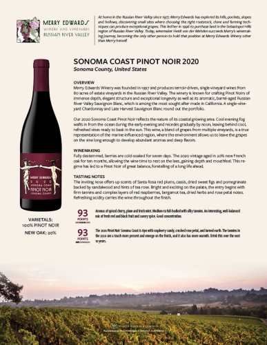Sell Sheet for {materiallist:brand_name} Sonoma Coast Pinot Noir 2020