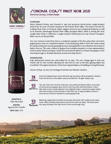 Sell Sheet for {materiallist:brand_name} Sonoma Coast Pinot Noir 2021