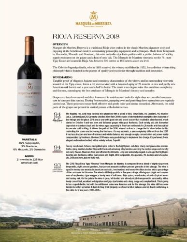 Sell Sheet for {materiallist:brand_name} Rioja Reserva 2018