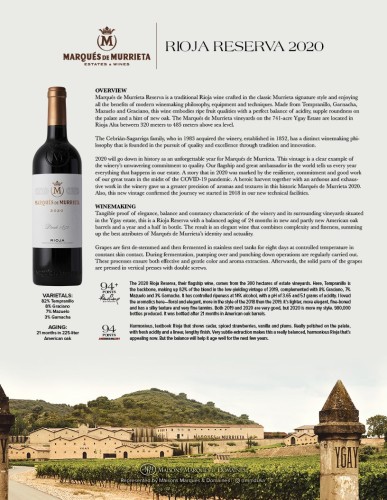 Sell Sheet for {materiallist:brand_name} Rioja Reserva 2020