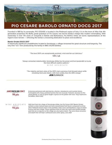 Sell Sheet for {materiallist:brand_name} Barolo Ornato DOCG 2017