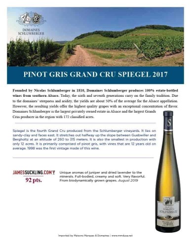 Sell Sheet for {materiallist:brand_name} Pinot Gris Grand Cru Spiegel 2017
